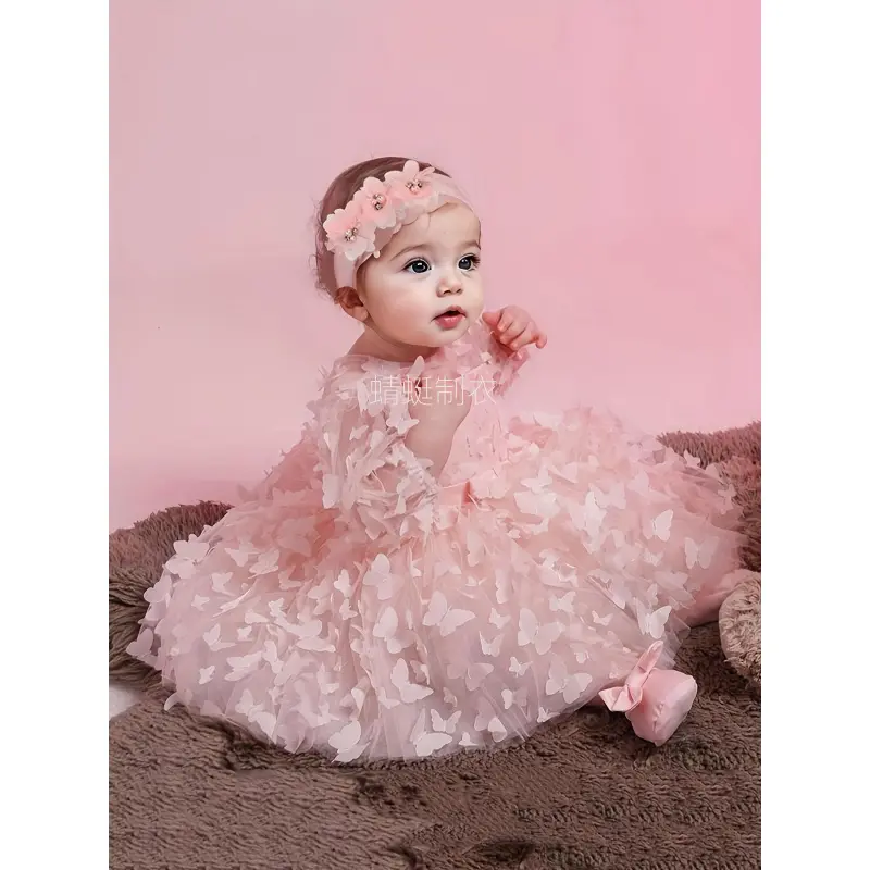 Baby Girls' 2-Piece Princess Dress Set - Long Sleeve Floral Pattern Dress, Mesh Tutu, Matching Headband, Butterfly Print Accents, Flower Print Dress, Cute