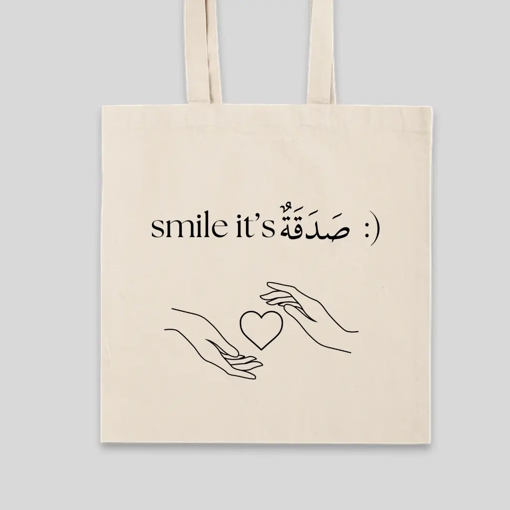 smile it’s sadaqah :) tote bag with arabic writing