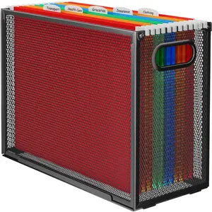 Hanging File Organizer for Letter Size Folders, Metal Mesh File Holder with Handles, Portable Filing Crate Storage Box, Black