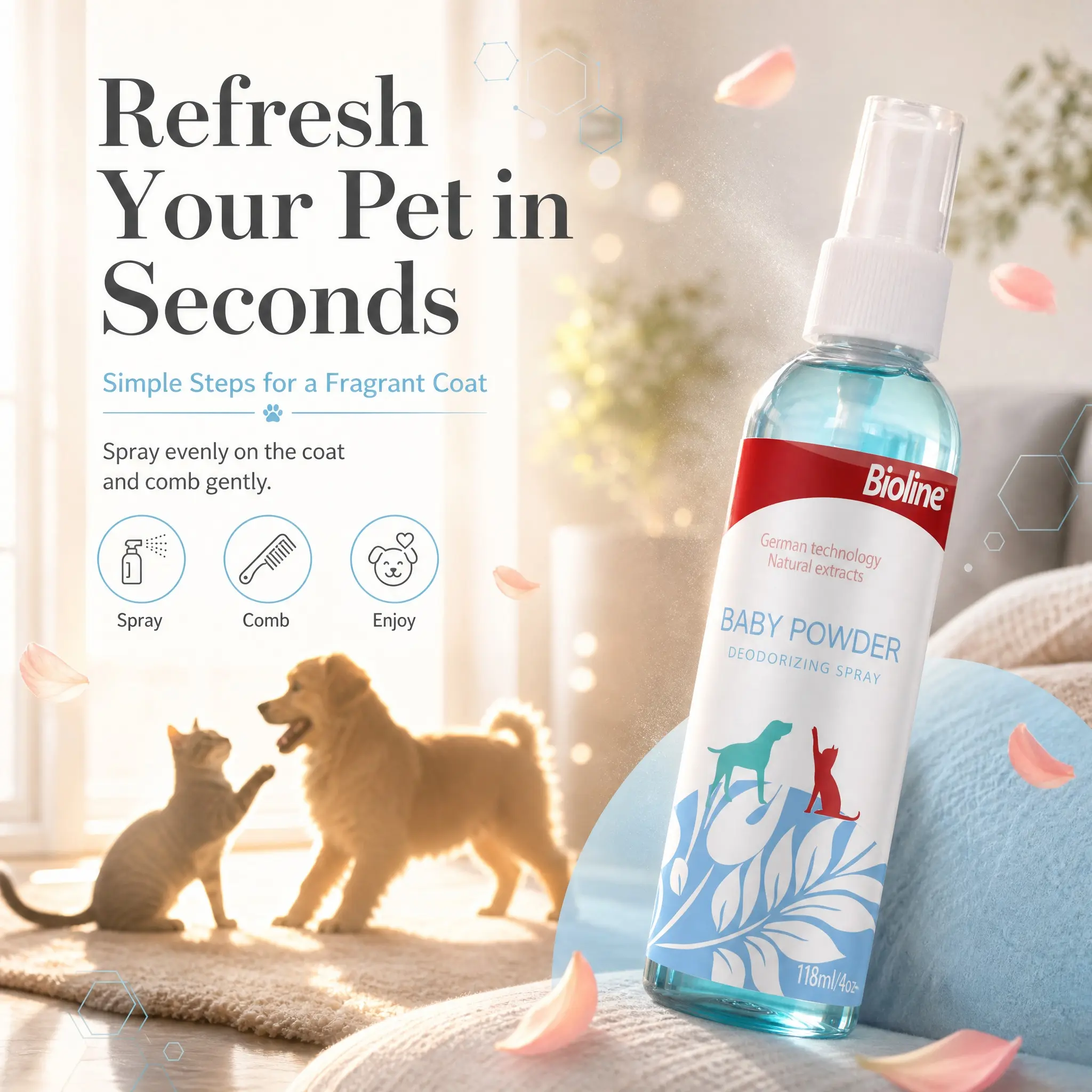 Bioline 118ml Pet Perfume & Odor Eliminator Spray Cat Dog Baby Powder Scent Long-Lasting Dog Deodorizer Gentle Cat Body Freshener Cologne for Pet Care