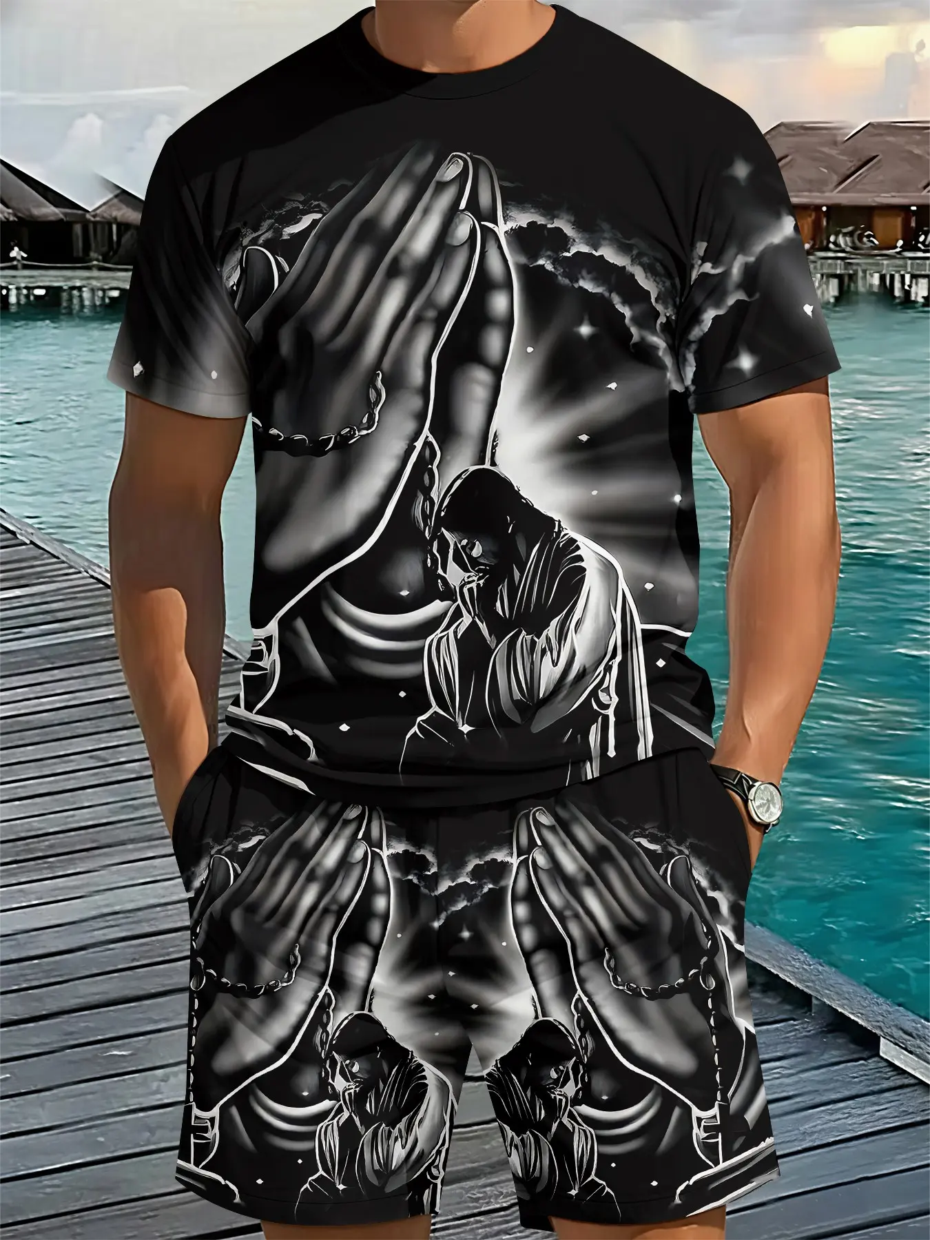Black and white prayer art style men's 3D digital printed two-piece set, 2Pcs, trendy and fashionable set, trendy retro casual two-piece set, vacation style trendy outfit, breathable sports and leisure style, a perfect holiday gift for men