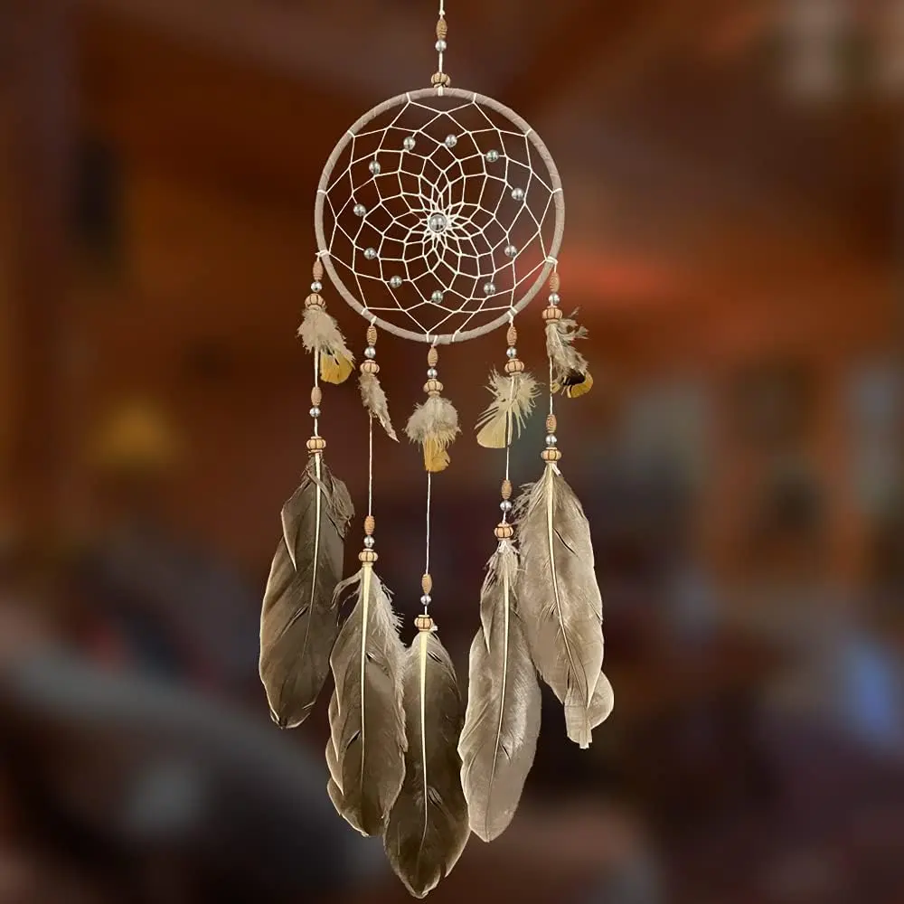 Handmade Round Dream Catchers with Leather Ornaments, Small Feather Hanging Decor for Kids & Adults, Native American Boho Bedroom Wall Decor