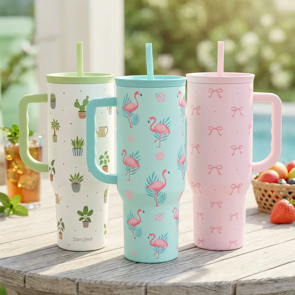 SANDJEST 40oz Summer Insulated Stainless Steel Tumbler with Handle & Straw, Cup Holder Friendly for Travel, Portable Vacuum Flask, Hot/Cold Insulation, Great Gifts for Mom Girls Her Women