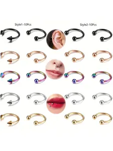 10pcs Set 16g Stainless Steel Septum Rings, Assorted Colors, Body Piercing Nose Nostril Rings, Nose Hoop, Lip Labret Cartilage Jewelry, Septum Pierced Ring