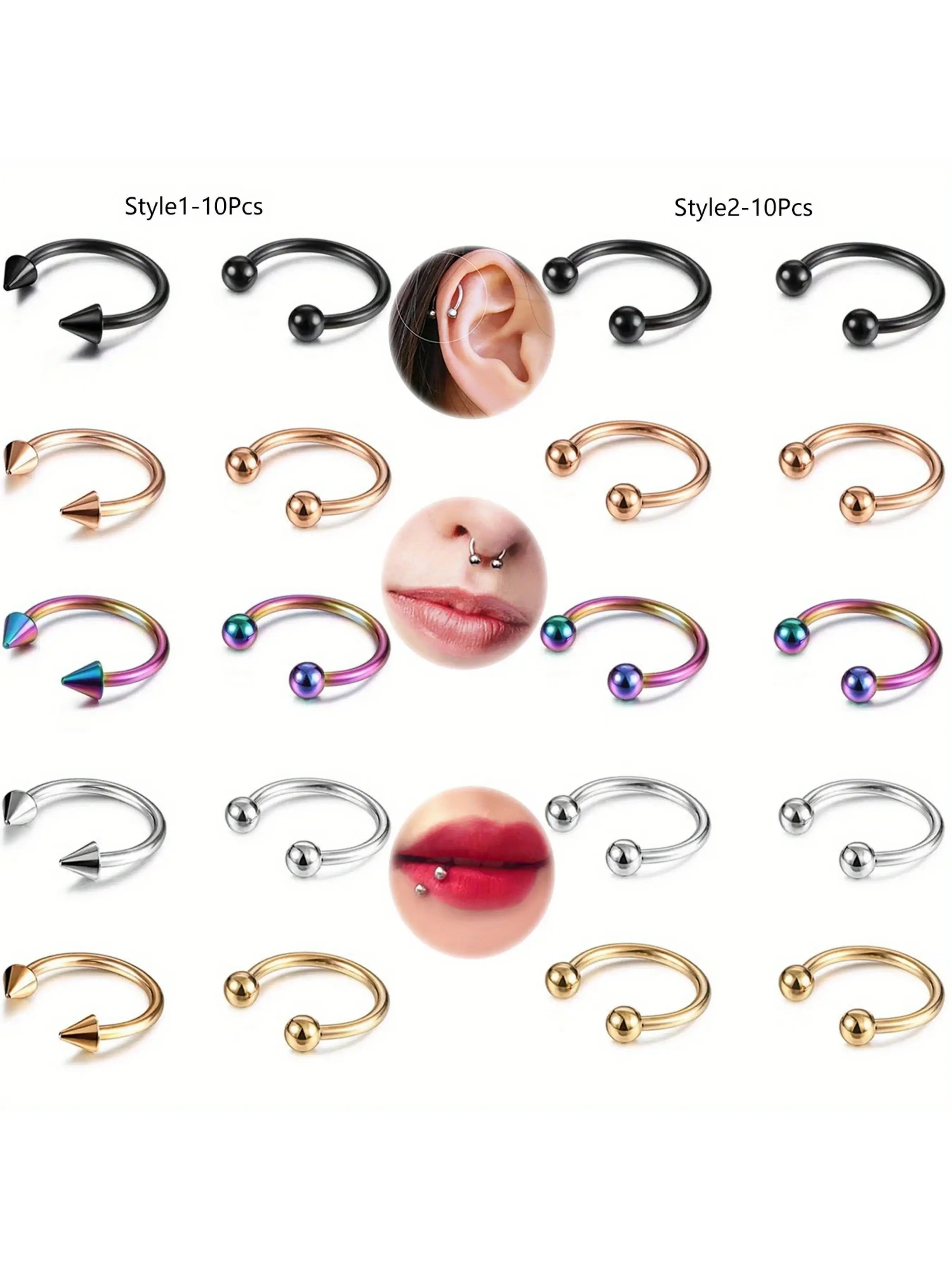 10pcs Set 16g Stainless Steel Septum Rings, Assorted Colors, Body Piercing Nose Nostril Rings, Nose Hoop, Lip Labret Cartilage Jewelry, Septum Pierced Ring