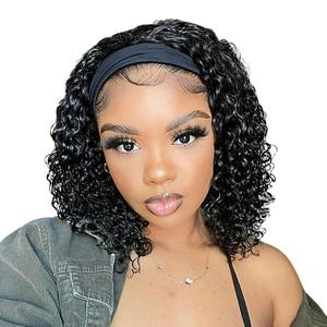 Bling Hair kinky Curly Headband Wig Human Hair 12inch None Lace Front Wigs Brazilian Virgin Hair Machine Made Wigs Glueless Deep Curly Wave Headband Half Wigs for Black Women Human Hair Natural Color