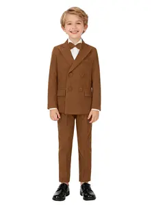Boys Vintage Corduroy 3-Piece Suit | Double-Breasted Blazer + Pants + Matching Bow Tie | Black/Red/Purple/Gray/Brown | Fits 100-150cm | Formal Outfit for Weddings, Birthdays, Holidays, Performances & Photo Shoots (No Shirt Included)-24220