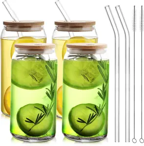 [New Deal] 16oz Glass Cups with Bamboo Lids & Straws - 4pc Can Shaped Iced Coffee Tumblers, Beer & Cocktail Glasses, Gift Set Drinkware Bottles