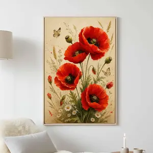 Red Poppy Flowers Canvas Wall Art Poster, Vibrant Number Style Canvas Painting Print for Home Bedroom Living Room Farm Hotel Cafe Room Decor, Floral Artwork Canvas Print, 2D Flat 1pc