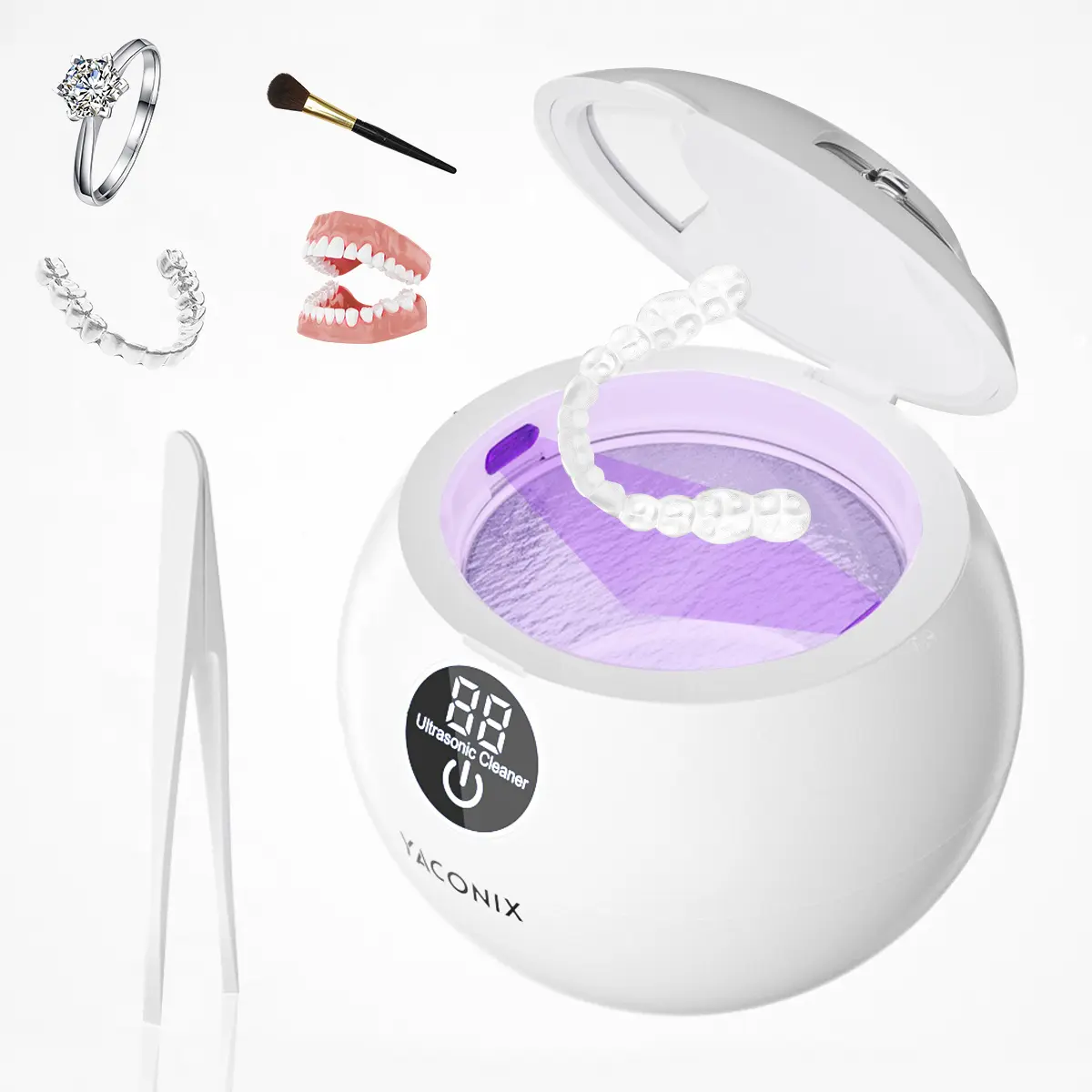Yaconix Ultrasonic Cleaner for Retainers & Dentures:Professional Cleaner for Toothbrush,Mouth Guard,Aligner,Jewelry, Rings