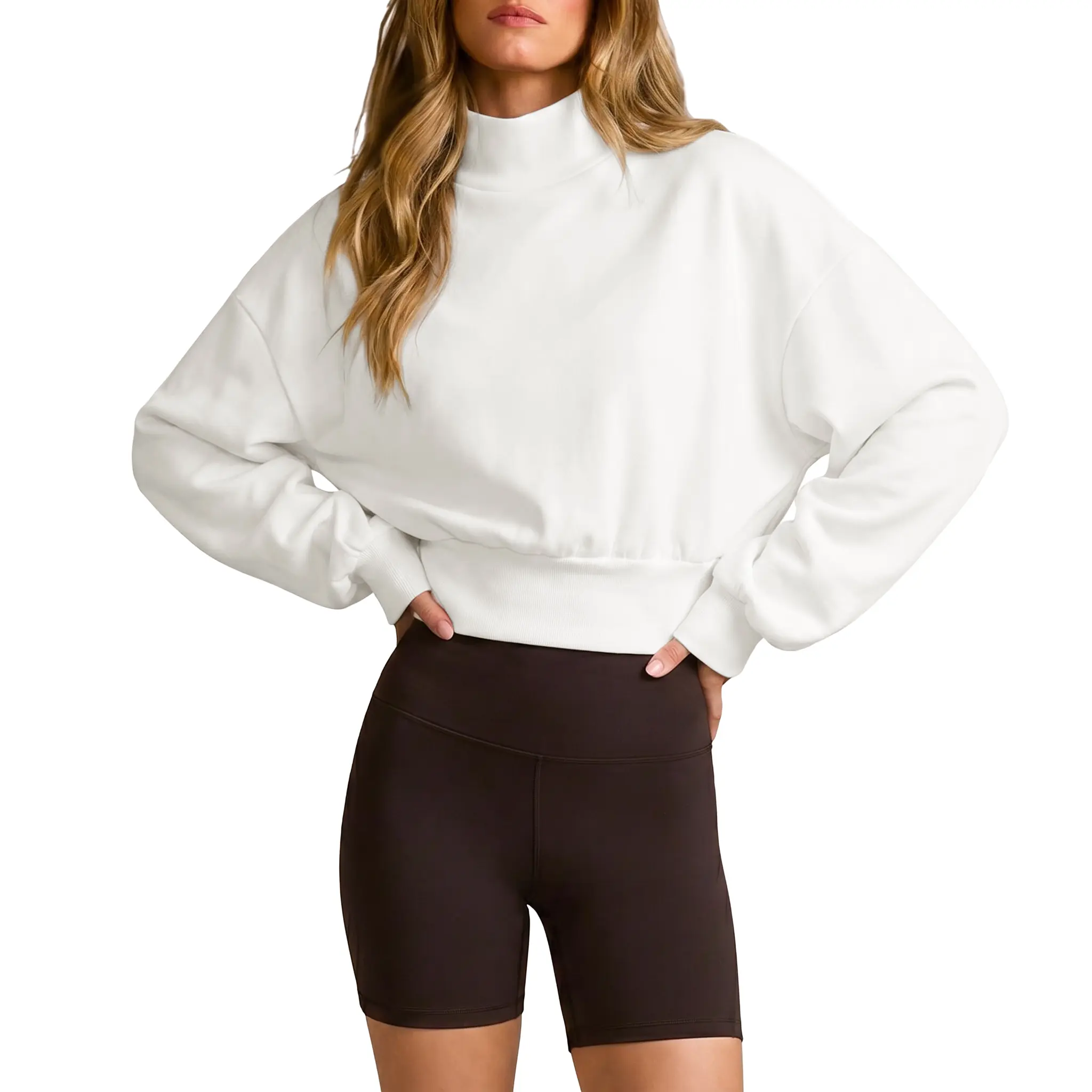 Imily Bela Women Oversized Mock Neck Cropped Sweatshirt Long Batwing Sleeve Soft Fleece Casual Workout Crop Top