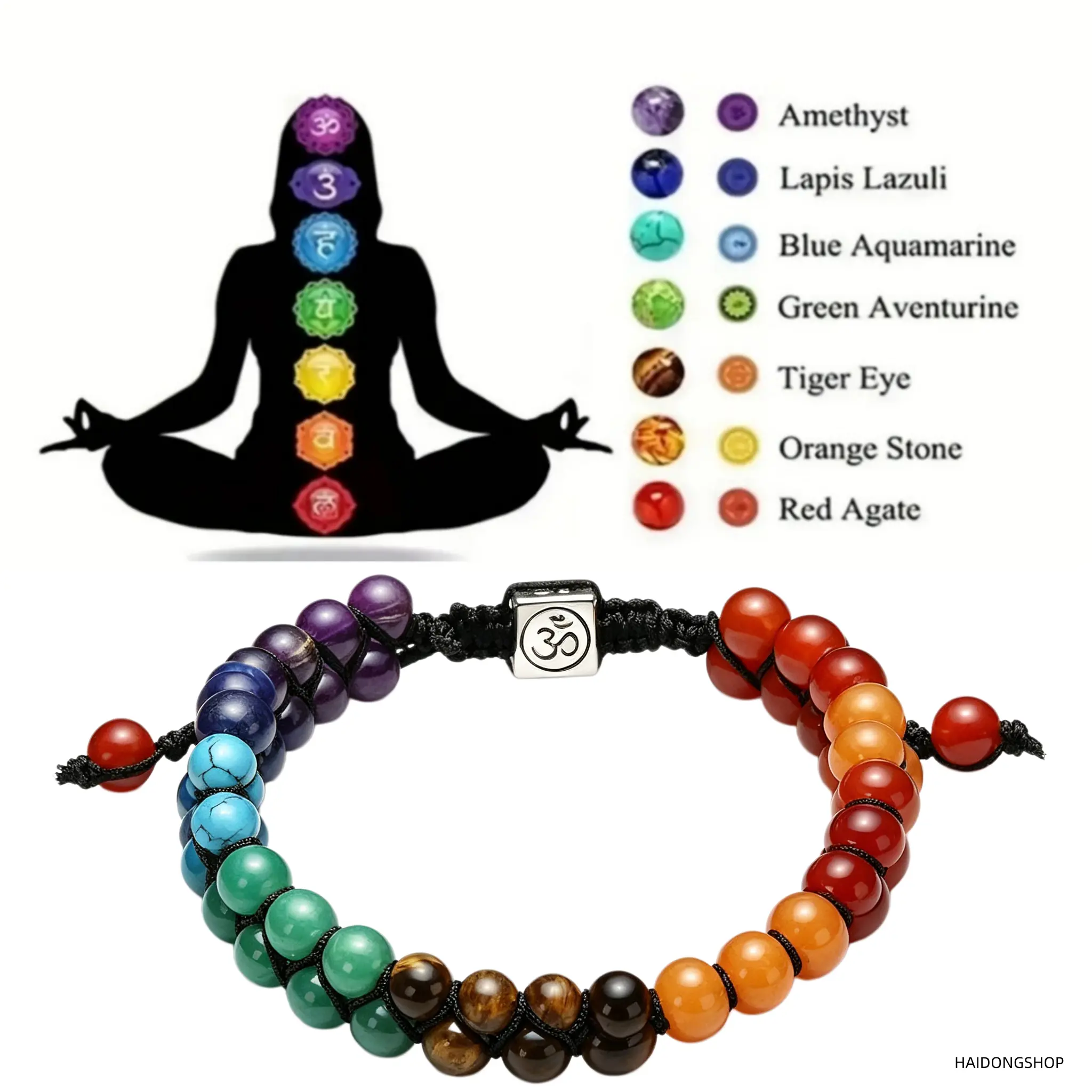 7 Chakra Healing Crystal Beaded Bracelet, Adjustable Macrame Wrist Jewelry with OM Symbol Charm, Unisex Energy Balancing Spiritual Accessory for Women and Men, Meaningful Yoga Meditation Love Gift for Daily Spiritual Wear