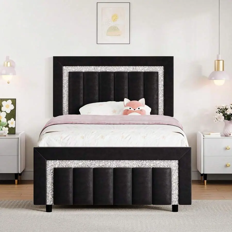 Twin/ Full/   Frame  Headboard, Velvet Upholstered   Frame  Vertical Channel Tufted Headboard And Footboard, Soft  Frame  Diamond Headboard, No Box Spring Needed, Easy Assembly, Pink/ White/ Black, Twin/ Full/  bed Queen Size Floor with Guardrail