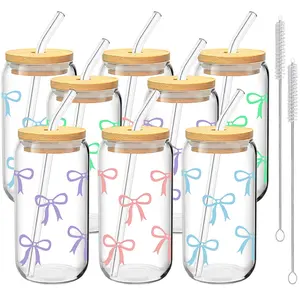 4/8 Pack Bow Pattern Glass Cups with Lids and Straws, 16oz Reusable Iced Coffee Cups, Glass Tumblers, Drinkware