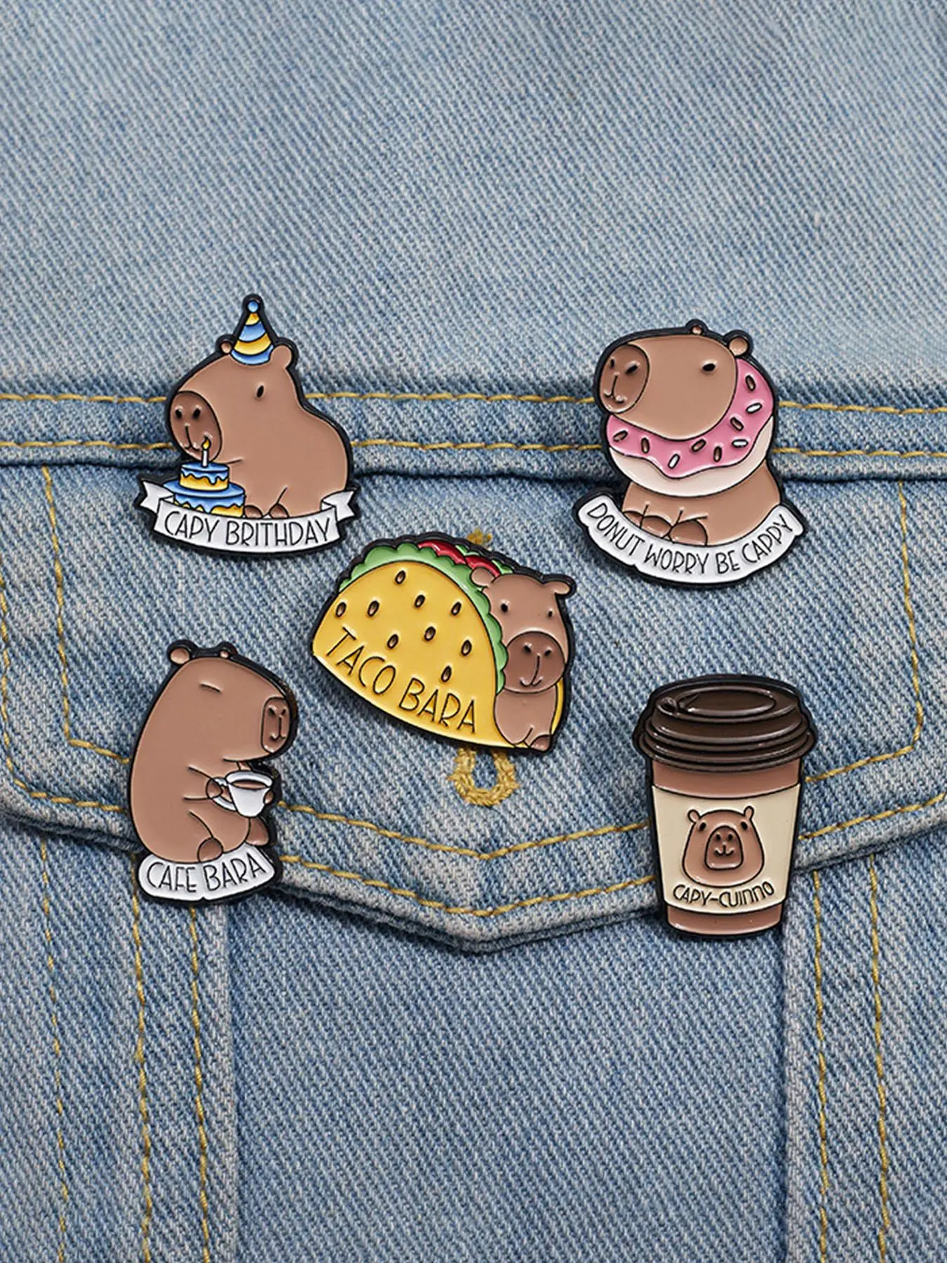 5-Piece Cute Capybara Enamel Pins Set, Cartoon Animal Brooches with Food and Drink Designs, Stylish Accessory for Bags and Jackets