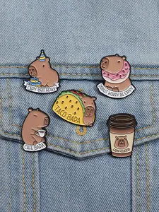 5-Piece Cute Capybara Enamel Pins Set, Cartoon Animal Brooches with Food and Drink Designs, Stylish Accessory for Bags and Jackets