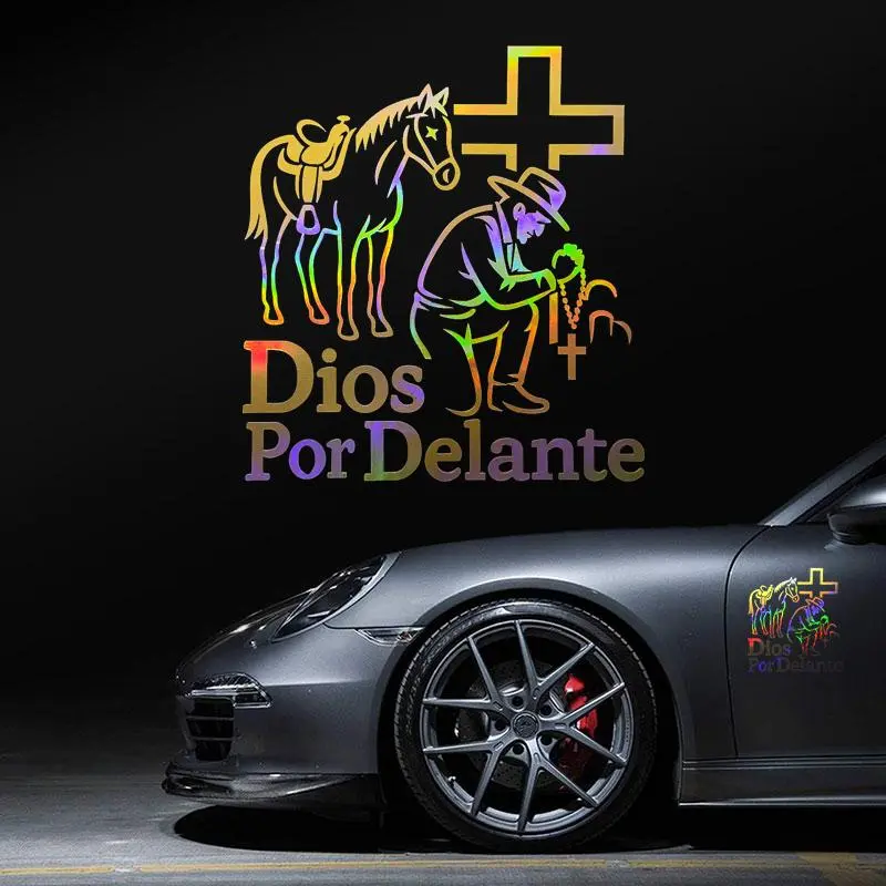 Dios Por Delante Christian Cross Jesus Faith Decal Blessed Religious God Vinyl Sticker UV Waterproof Western Vaquero Cowboy Gift Car Window Bumper Truck Laptop Rainbow Holographic Auto Stickers  car stickers truck decals