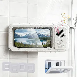 Shower Phone Holder Waterproof with Speaker and Key Control, Wall-Mounted Water Proof Anti Fog Case, Built-In Wireless Speaker, 360° Rotatable, Extendable and Adjustable, Waterproof Screen Touch,White