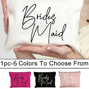 Bridesmaid Makeup Bag, Wedding Travel Wash Bag with Zipper, Bridal Party Gift, Fashion Letter Sticker Cosmetic Pouch, Daily Travel Essentials, Space Efficient, Toiletry Organizer, Zippered Closure, Cosmetic Storage