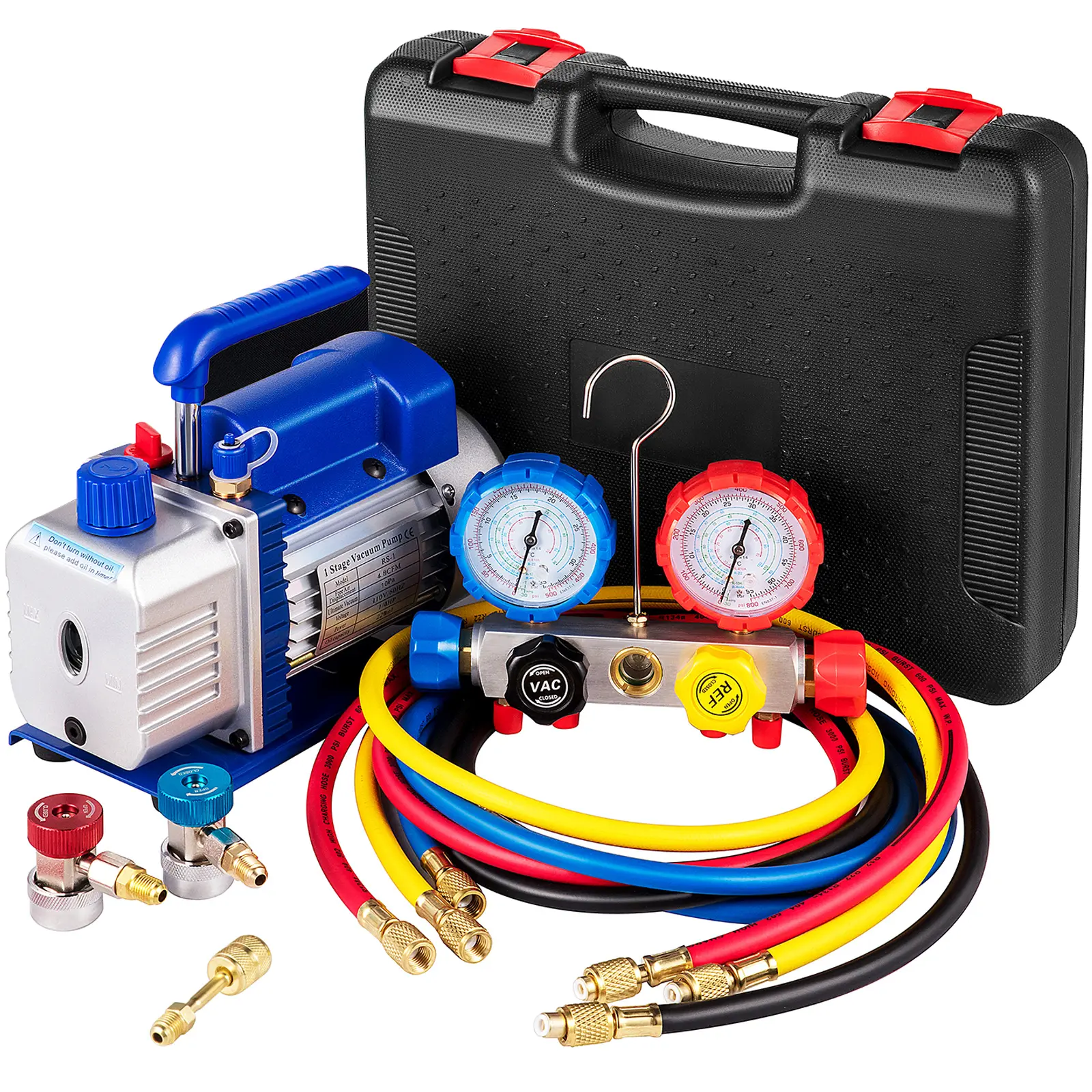 【summerfinds】VEVOR Industrial Copper Metal Suction Pump, 4.8CFM 1/4 HP Single Stage for HVAC A/C Cooling Systems, 5PA Ultimate Vacuum, R410A R134A R22 Manifold Gauge Kit with 4-Way Gauge & Hose, Heavy Duty Commercial Household Tool, Oil Viewing Window