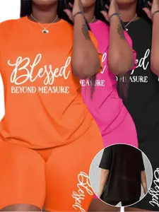 [Plus Size|Stretch] Comfortable Stretch Plus Size Women's Clothing, Casual Short Sleeve T-Shirt and Shorts Set, Machine Washable, Spring/Summer, Athletic Shorts, Polyester-Spandex Blended Fabrics