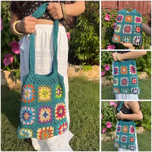 Colorful Crochet Knit Tote Bags, Granny Squares Floral Pattern Handmade Shoulder Bags for Women, Handmade Summer Gift For Her, Cute Tote Bag