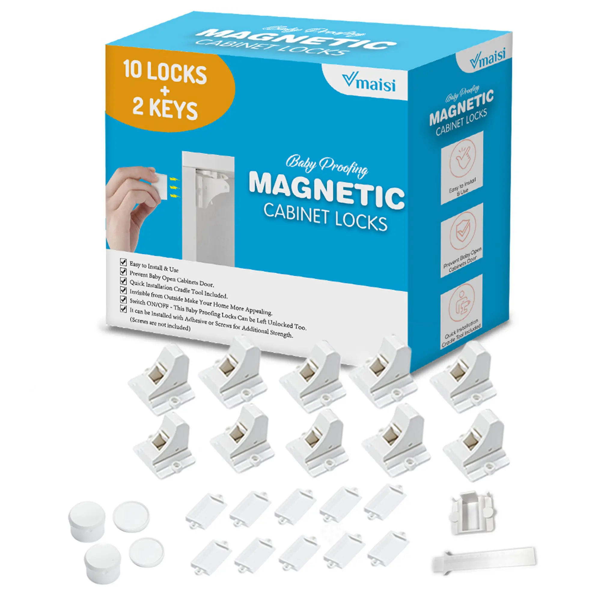 Vmaisi Baby Proofing Magnetic Cabinet Locks 10 Locks & 2 Keys Invisible Childproof Drawers & Cabinets Secure Home Safety Tools