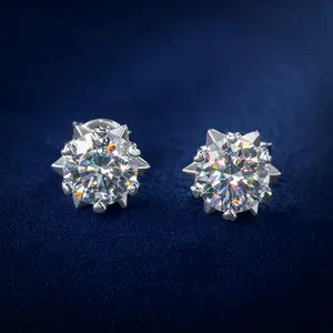 HELLOICE [Unisex] Moissanite Stud Round Cut Snowflake Earrings 0.3ct/1ct/2ct Synthetic Moissanite VVS1 D Color Jewelry Gift for Women and Men