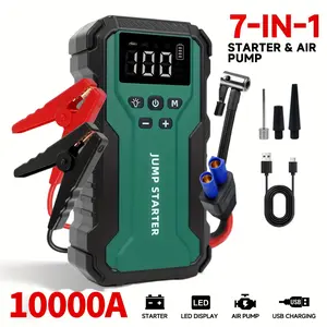 10000A 7-in-1 Multi-functional Emergency Start Power Supply with Air Pump, 150PSL Portable Car Battery Starter, Digital Tire Inflator, Suitable for 2.64 Gallon Gasoline Or 2.38 Gallon Diesel Battery, LED Emergency Light, Car Emergency Tool.