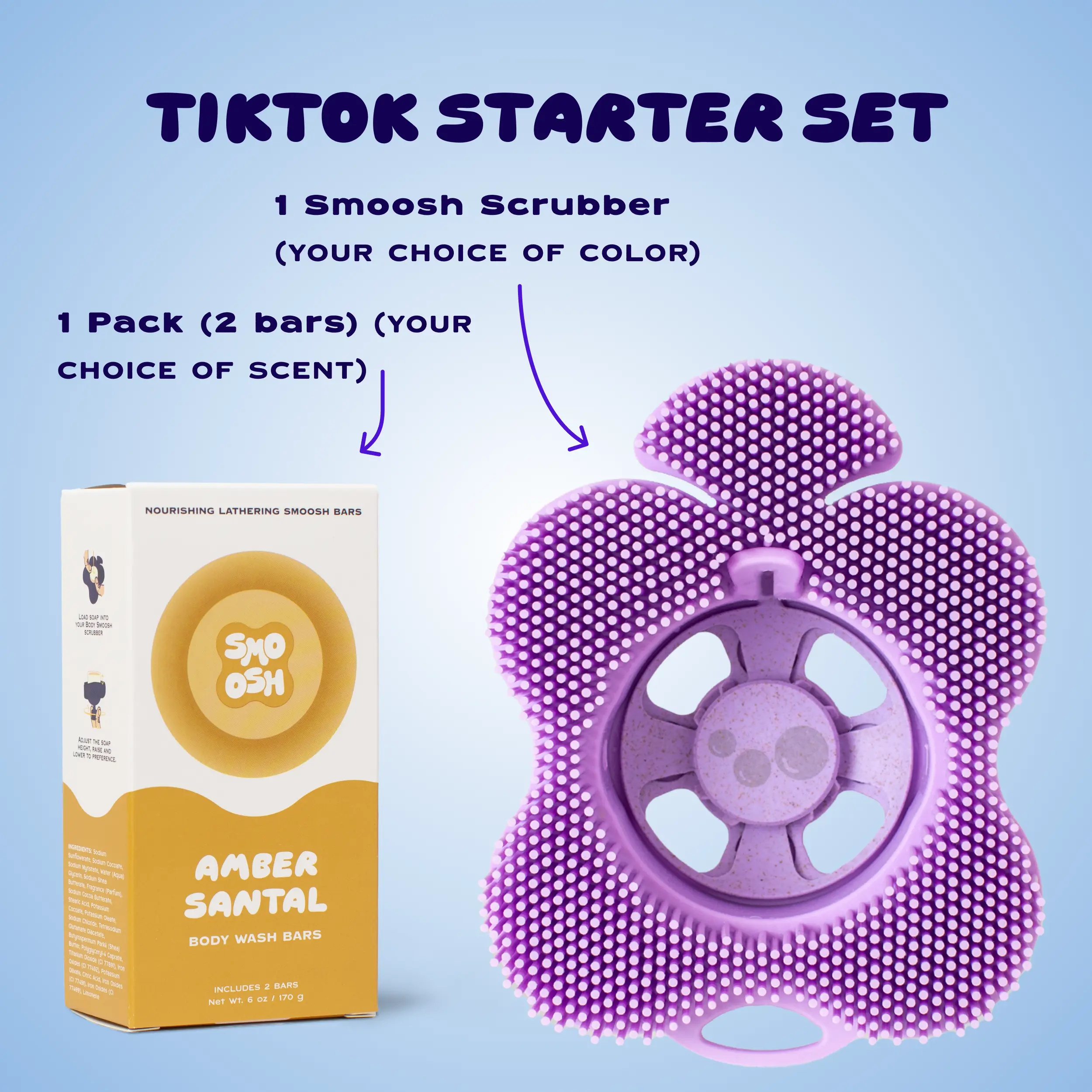 Smoosh Starter Set, Silicone Body Scrubber with Embedded Bar Soap for Shower Exfoliation and Cleansing
