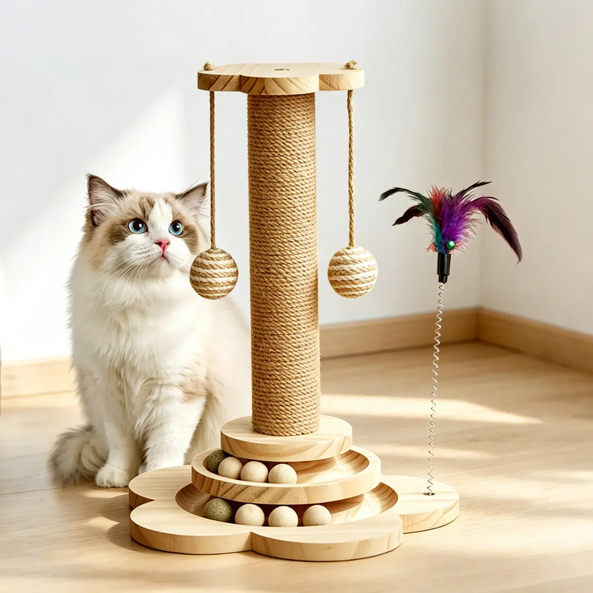 Indoor Sisal Cat Scratching Post Tower with Play Ball, Fluffy Track Toy, and Grooming Solution - Ideal for Indoor Kitty Lifestyle, Cat Furniture Alternative