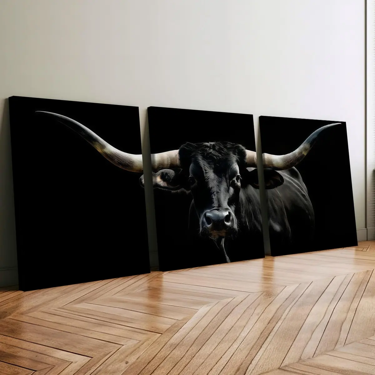 Wooden Frame Canvas Poster Print Set, Bull Long Horned Dominant Image Theme, Animal Pattern Decor, Modern Home Decoration, Modern Art Home Wall Art