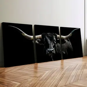 Wooden Frame Canvas Poster Set, Bull Long Horned Dominant Image Theme, Animal Pattern Decor, Modern Art Home Wall Art