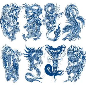 8-Piece Dragon Temporary Tattoo Stickers, Deep Color Chinese Dragon & Venomous Snake Design, Waterproof Realistic Look, Perfect for Halloween