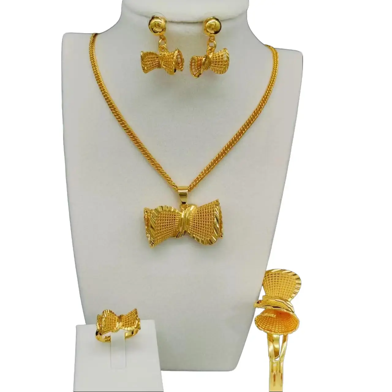 24K Gold Plated Dubai Jewelry Set - High-Quality Fashion Accessory Including Necklace, Earrings, Ring, Bracelet for African Brides, Banquet Events