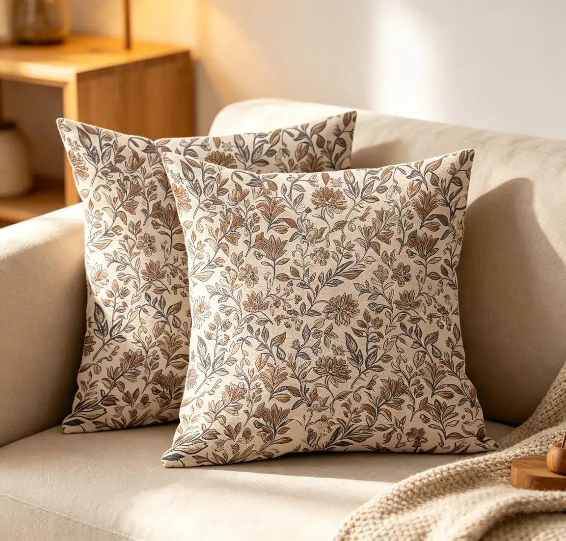 2-Pack 18x18in Linen Decorative Throw Pillow Covers, Earth-Tone Brown Grey Floral Vine Botanical Square Cushion Cases for Farmhouse Chic Home Room Decor, Neutral Rustic Indoor Living Room Use, House Decor