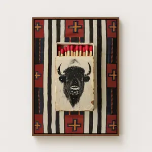 Western Wall Art - Bison Matchbox Print, Rugged Native American Lodge Decor, Americana Heritage Home Decor, Southwestern Framed Art