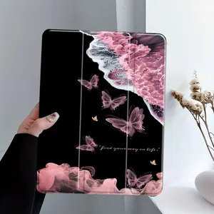 Trend Graceful Pink Butterfly Aesthetic iPad Case, Ocean Wave Art Protective Cover for iPad Pro Air 11 13 10.9 10.2, Shockproof Smart Folio Auto Wake Sleep, Unique Artistic Tablet Computer Shell Gift for Her, Casing Protection, Ipad Accessories