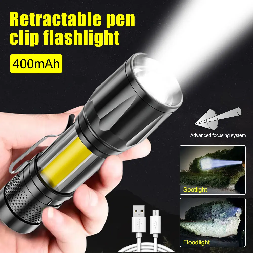 Mini LED Flashlight Pen Clip - Telescopic Zoom, USB Rechargeable, Spotlight & Floodlight, Portable Outdoor Torch for Camping, Hiking, Night Cycling & Home lights