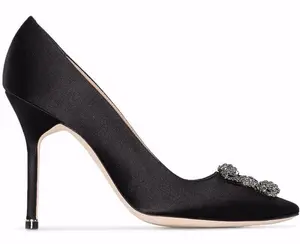 Manolo Blahnik Hangisi 105 Black Satin Crystal Jewel Buckle Classic Heel Pump