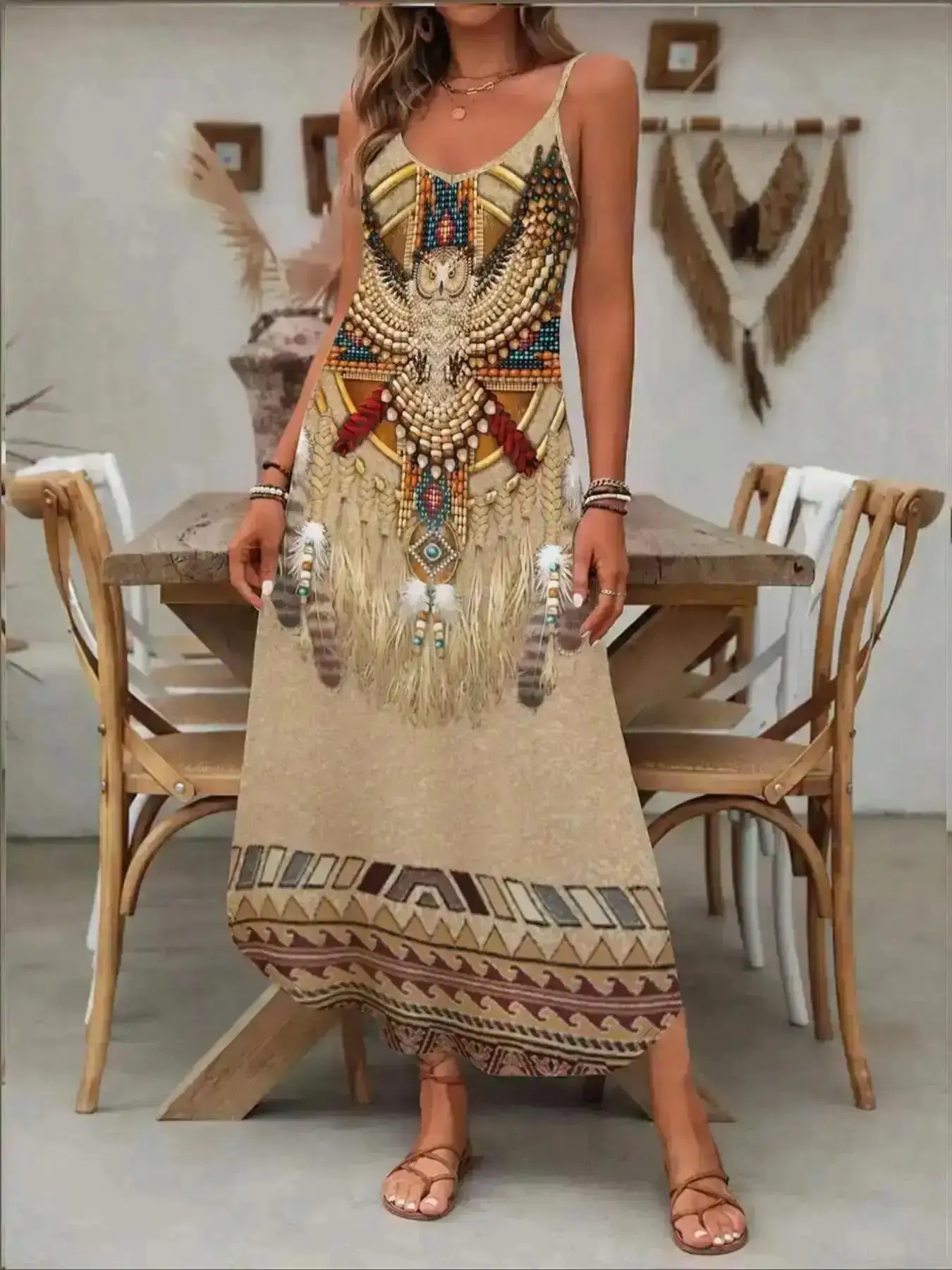 Fresh Women's 2026 boho ethnic cami dress-sleepveless spaghetti strap beach holiday outfit, Suitable for Everyday Office and Weekend Style, Ideal for Multiple Occasions, Great for Casual Day Out or Special Occasions