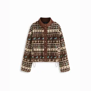 Cider Fleece Aztec Print Stand Collar Long Sleeve Drawstring Button Jacket [LIVE ONLY]