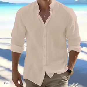 Cotton linen hot sale MEN'S LONG-sleepked shirts summer solid color stand-up collar casual beach style plus size Clothes Menswear Traditional Gamis