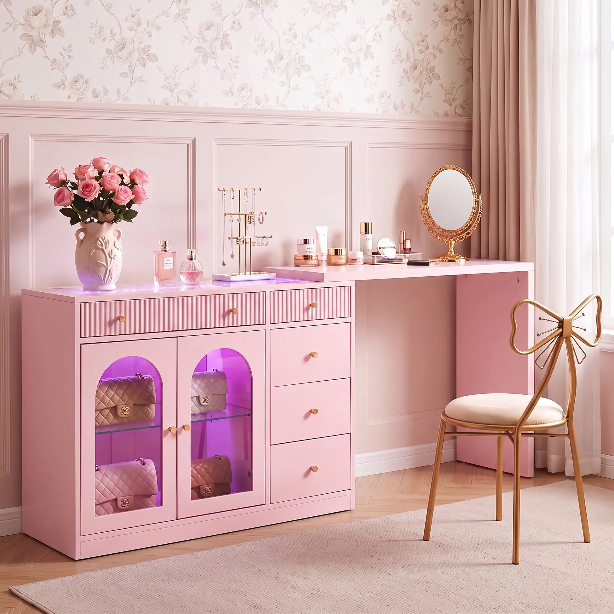 RoyalCraft 59''/75'' Makeup Vanity Desk with Lights, Rotatable & Extendable Dressing Table with Tempered Glass Top, L-shpaed Corner Vanity Table with Drawers and Doors, Perfect for Bedroom, Dressing Room, Pink/Black/White/Beige
