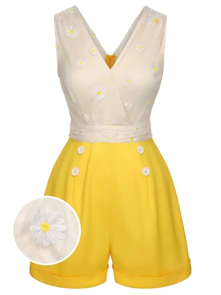 RETROSTAGE Women's Daisy Romper, Sleeveless V-Neck Vintage 1950s High Waist Fashion Apparel with Embroidered Mesh Overlay, Streetwear, Lightweight, Casual, Overalls, Breathable