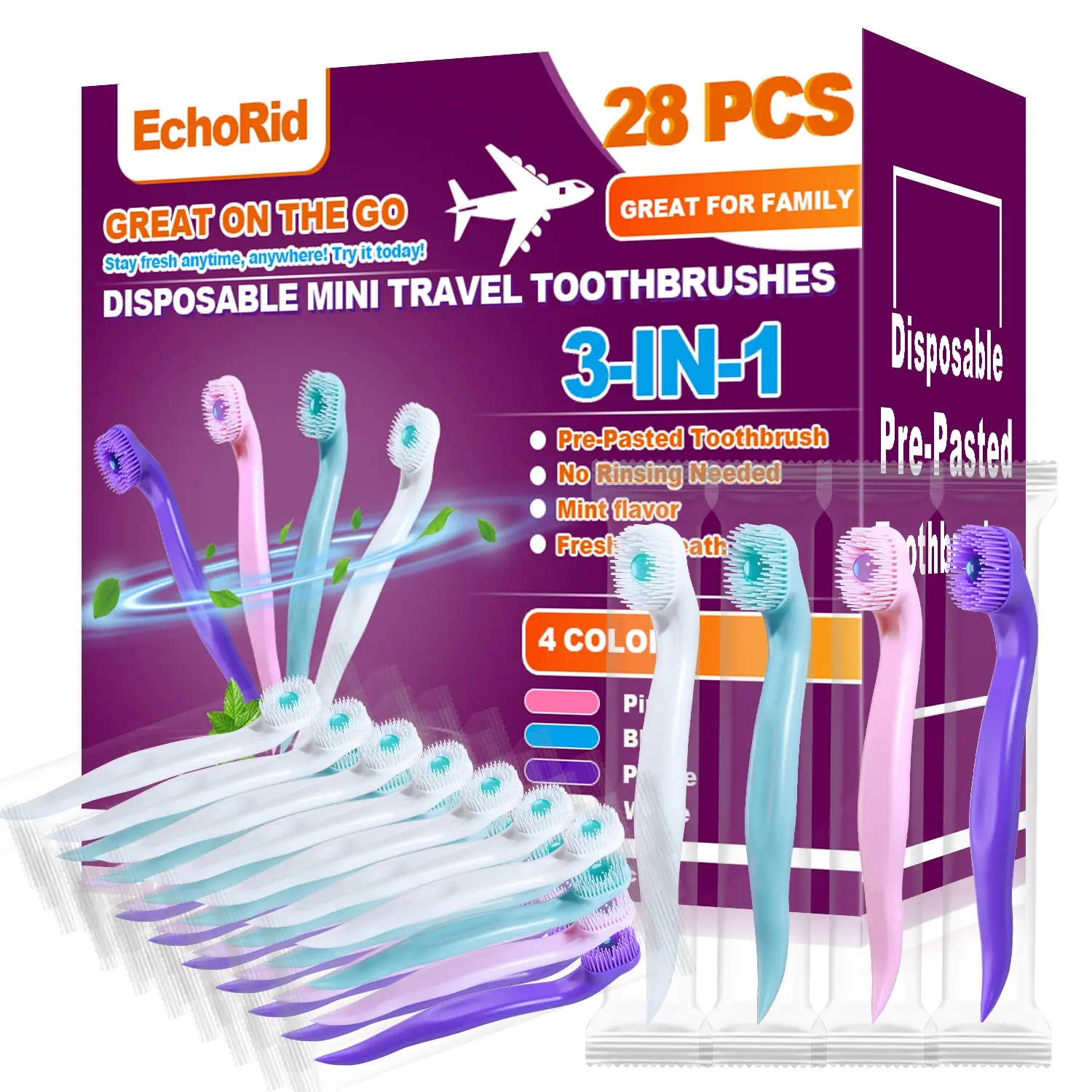 Three-In-One Toothbrush Set with Mouthwash, 28 Pieces Disposable Mini Travel Toothbrushes, Soft Bristles, Ready-To-Use, Mint Fresh Breath, 4 Colors, Toothbrush Kit, On The Go Toothbrush Disposable