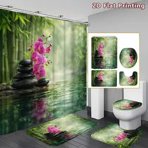 4PCS Bamboo and Orchid Shower Curtain set, Green Bamboo with Pink Orchid Bathroom Decor, Accessories with Bath Mat, U-shaped Mat, Toilet Lid Cover, 12 Hooks 180x180cm Curtain, Zen Garden Aesthetic, Home Decor, bathroom accessories