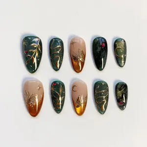 3D Gold chrome Gothic Snake Press on Nail, Green Cat Eye Nail with Gold Snake