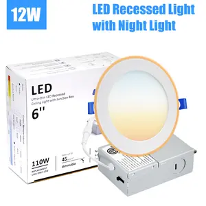 12 Pack 6 Inch 5CCT LED Recessed Ceiling Light with Night Light Dimmable 2700K/3000K/3500K/4000K/5000K Selectable Ultra-Thin Recessed Light1050LM 12W=110W Ultra-Thin Canless Downlight ETL Listed Indoor Lighting Lighting Modes Adjustable