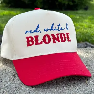 4th of July Embroidered Canvas Trucker Hat - Red White & Blonde Snapback Cap Premium Headwear